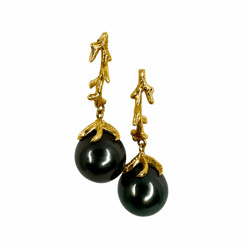 Starfish Live on the Coral Reef Pearl Earrings in 18K Yellow Gold with Tahitian Pearls