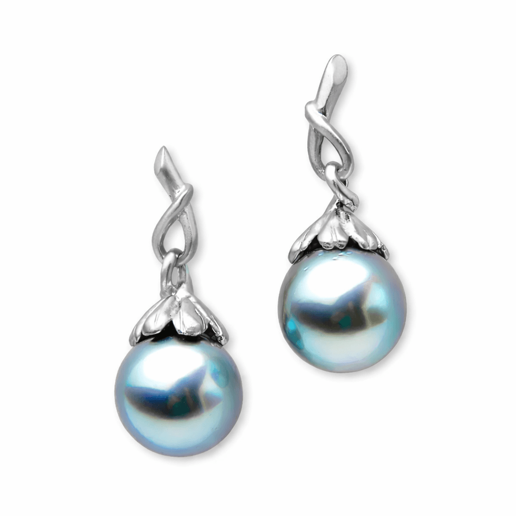 Tahitian Pearl Bud + Vine Earrings 18K White Gold