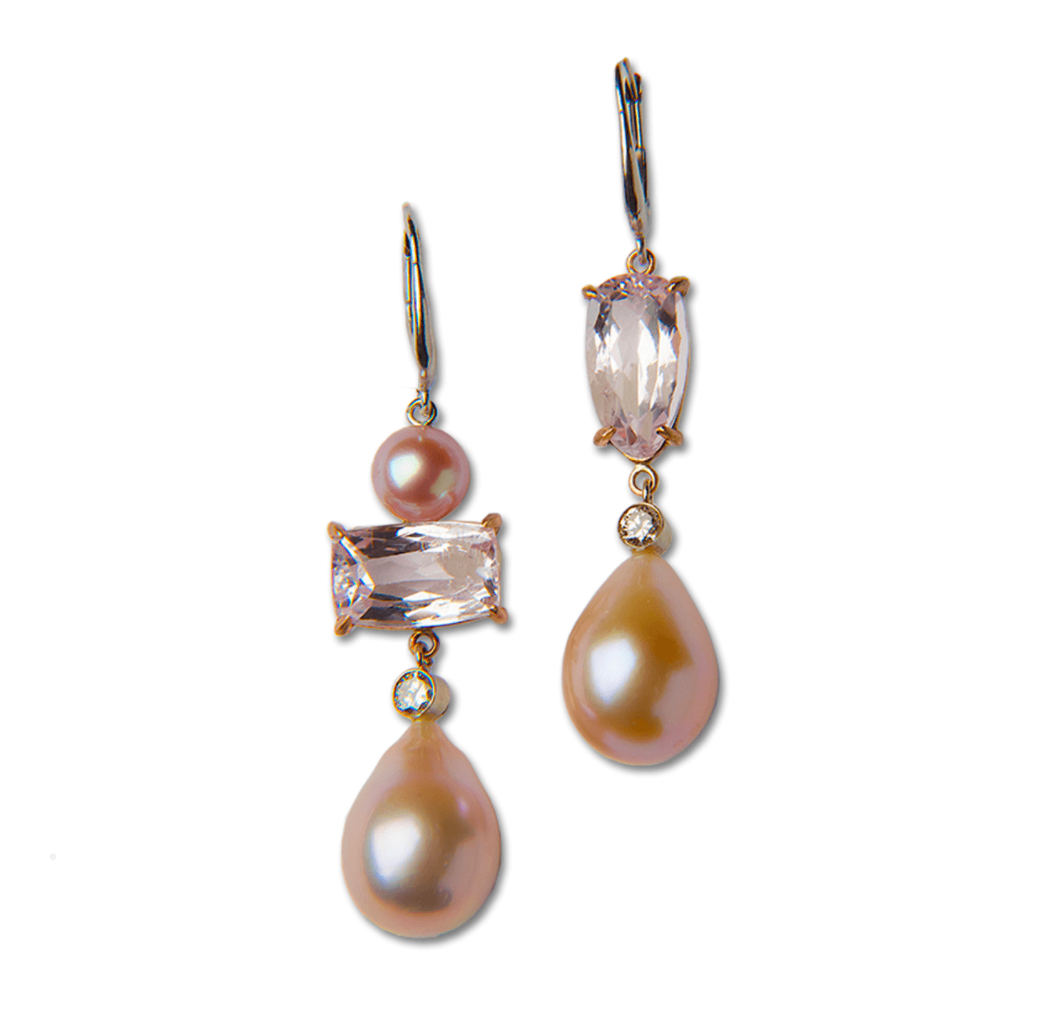 Asymmetric Kunzite + Pearl + Diamond Earrings